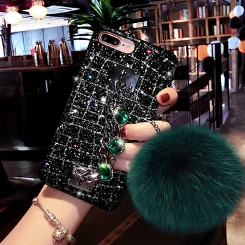 Luksus Hånd Kæde Fox Fur Bolden diamant glitter cover til iphone 7 8 6 Plus X XR XS ANTAL 12 11 Pro Cover til Samsung S9 S10 note 10