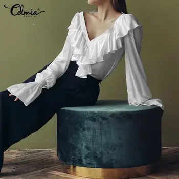 Celmia 2021 Fashion Kvinder Satin Bluse Sexy V Hals Søde Flæser Shirts Elegant Silke Kontor Damer Toppe med Lange Ærmer Blusas 5XL