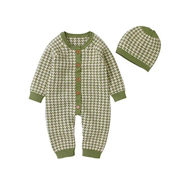 Spædbarn Baby Drenge Piger Grid Rompers Tøj + Hat 2STK Børn 2020 Ny Baby Dreng Pige Børn Strikke Lange Ærmer Rompers