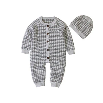 Spædbarn Baby Drenge Piger Grid Rompers Tøj + Hat 2STK Børn 2020 Ny Baby Dreng Pige Børn Strikke Lange Ærmer Rompers