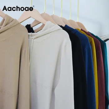 Aachoae 2020 Solid Farve Strikket Hooded Sweater Kvinder Efteråret Lange Ærmer Casual Jumper Toppe Smarte Damer Trøjer Træk Femme