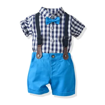 Baby Boy Tøj Drenge Bue Plaid Shirts Bomuld Korte Bukser 1-5 År Kids Fashion Herre Sommer Outfit Afslappet Sæt Tøj