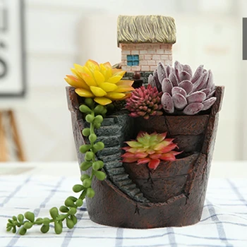 Mini Hus Figurer Harpiks Flower Pot for Urt Kaktus Saftige Planter Plantning