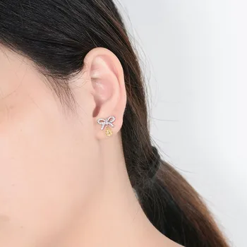 Søde Sølv Farve Bownot Stud Øreringe med Bling Pink Gul Zircon Sten til Kvinder Mode Smykker koreanske Øreringe