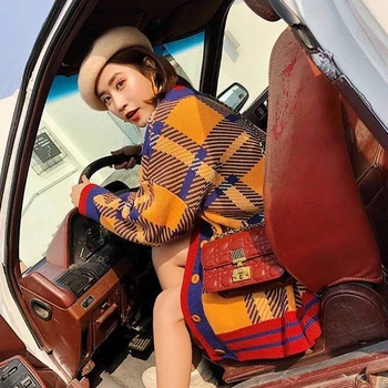 Koreanere Enkelt Breasted Sweater Vintage Plaid Hit Farve Patchwork Jumper Nye College Stil Kvinder Cardigan Med V-Hals Lange Ærmer