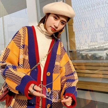 Koreanere Enkelt Breasted Sweater Vintage Plaid Hit Farve Patchwork Jumper Nye College Stil Kvinder Cardigan Med V-Hals Lange Ærmer