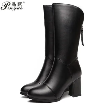 Efterår og vinter nye sne støvler kvindelige retro British wind mørk black rider støvler-High heels med chunky hæle