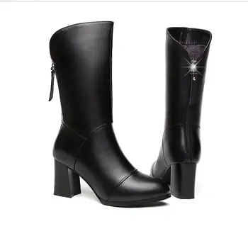 Efterår og vinter nye sne støvler kvindelige retro British wind mørk black rider støvler-High heels med chunky hæle