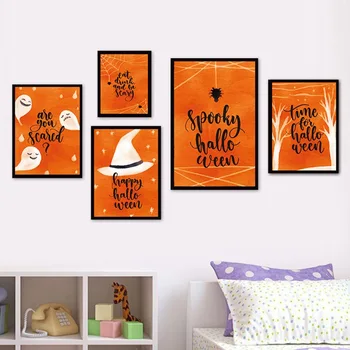 Spray Farven Orange Halloween Foto Sorte Bogstaver Spider Web Græskar Lærred Maleri På Væggen Billeder Plakat Stue Dekoration
