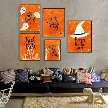 Spray Farven Orange Halloween Foto Sorte Bogstaver Spider Web Græskar Lærred Maleri På Væggen Billeder Plakat Stue Dekoration