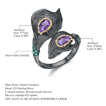 PERLE ' S BALLET 925 Sterling Sølv 1.08 Ct Naturlige Ametyst Håndlavet Design Justerbar Ring Calla lily Blad Ringe til Kvinder Bijoux