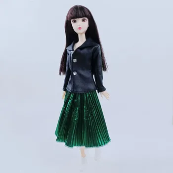 Legetøj Til Børn Fashion Sort Frakke & Mørk Grøn Plisseret Nederdel Til Barbie Dukke Tøj Tøj Sæt til 1/6 Dukke Tilbehør