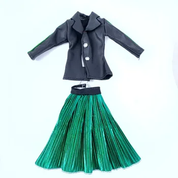 Legetøj Til Børn Fashion Sort Frakke & Mørk Grøn Plisseret Nederdel Til Barbie Dukke Tøj Tøj Sæt til 1/6 Dukke Tilbehør
