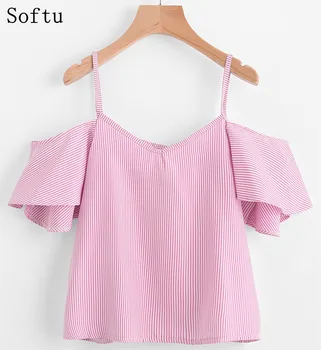 Softu Sexede Kvinder Sommer Bluse Shirt med V Hals Fra Skulder Spaghetti Strop Blomster Print Kort Bluse Crop Tops blusas