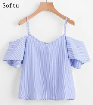 Softu Sexede Kvinder Sommer Bluse Shirt med V Hals Fra Skulder Spaghetti Strop Blomster Print Kort Bluse Crop Tops blusas