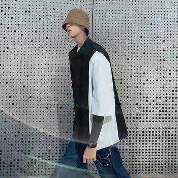 Halv Ærmer Mænd Patchwork Falske-to-stykker Fritid koreansk Stil, Casual Street Fashion Ins Hip Hop Retro Herre Shirt Ulzzang