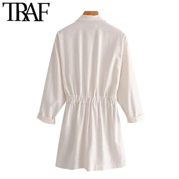 TRAF Kvinder Mode Med Lommer Button-up Mini Kjole Vintage Elastisk Talje, Justerbar Bundet Kvindelige Kjoler Mujer