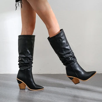 Mode knæet støvler spids tå slip-on kile hæl sko kvinde, efterår og vinter western støvler kvinder høje støvletter Stor størrelse 34-43