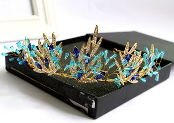 Top Kvalitet Kvinder Crown Blå Krystal Perle Golden Tiara Krone Tiaras Hår tilbehør charme Prinsesse diadem bryllupsfotografering