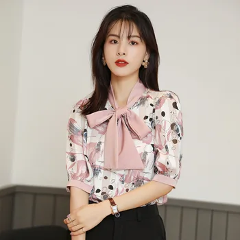 Vintage Print Skjorter, Korte Ærmer Chiffon Tøj til Kvinder Sommer Bluser 2021 koreansk Stil Kontor Dame Tørklæde Krave Blusas 10084