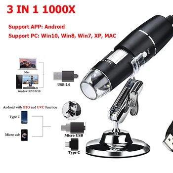 3-I-1-USB Type C Justerbar LED Mikroskop Håndholdte Bærbare Digitale Mikroskop Interface Electron 8 Lysdioder Beslag
