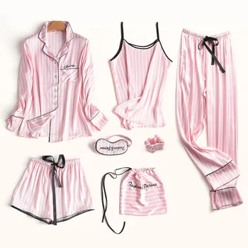 Pink Kvinders 7 Stykker Pyjamas Sæt Emulering, Silke Stribet Print Pyjama Kvinder Søde Nattøj Sæt Forår Sommer Efterår Homewear