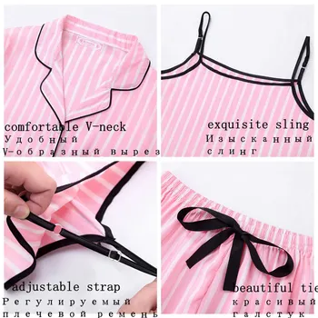 Pink Kvinders 7 Stykker Pyjamas Sæt Emulering, Silke Stribet Print Pyjama Kvinder Søde Nattøj Sæt Forår Sommer Efterår Homewear