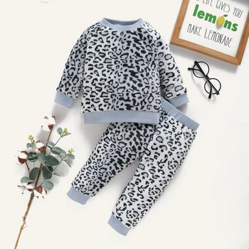Baby Vinter Boutique Tøj Baby Pige Langærmet Blå Leopard Print Top Og Pants Sæt Tøj Gratis Fragt Piger Varmt Tøj