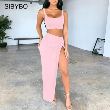 SIBYBO To delt Sæt Sommer Sexet Vestidos Kvinder Stropper Afgrøde Top Og en Lang Nederdel Matchende Sæt Sort Streetwear Casual Outfits
