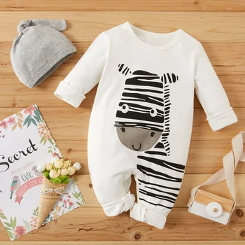 PatPat 2021 Legende Zebra Lange Ærmer Bomuld 2stk Baby Piger Tøj Buksedragt i Hvid med Hat for Nyfødte Baby Udstyr Sæt