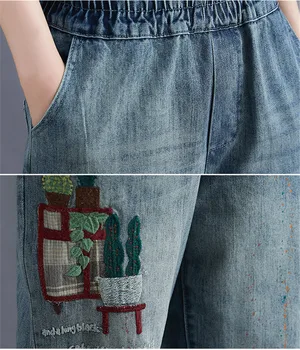Efteråret Nye Vintage Revet Hul Broderet Harem Bukser Kvinder Elastisk Høj Talje Casual Løs Denim Bukser Ankel Længde Jeans