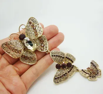 TTjewelry Elegant 3 Butterfly Brun Krystal Rhinestone Broche Pin Kvinde Insekt Vedhæng