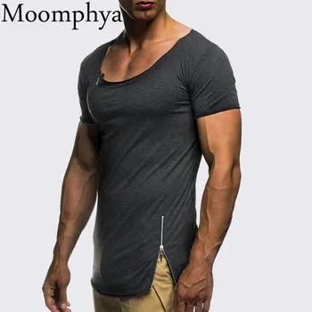 Moomphya Lynlås hals mænd t-shirt ensfarvet side zip t-shirt mænd Slim Fit langline tshirt streetwear hiphop Cool sommer toppe