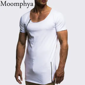 Moomphya Lynlås hals mænd t-shirt ensfarvet side zip t-shirt mænd Slim Fit langline tshirt streetwear hiphop Cool sommer toppe