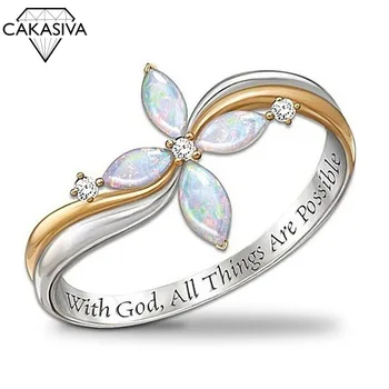 Guld Adskillelse Gud Cross Ring Kvinders Opal To-Tone Ring Gave Smykker Ring