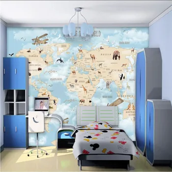 Tegnefilm børneværelse Baggrund Vægmaleri Tapet 3D verdenskort Wall Papers Home Decor Tre Farver Valgfri Papel De 3D-Parede
