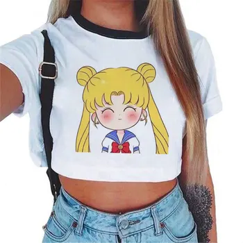 Kort T-Shirt Sailor Moon 90'erne Sjove Harajuku Tøj Tshirt Æstetiske Kat Animationsfilm Kvinder Søde Kvindelige T-shirt Kawaii Mode Tees