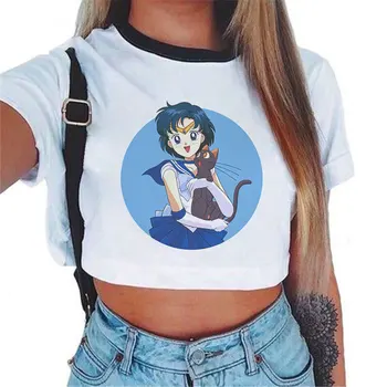 Kort T-Shirt Sailor Moon 90'erne Sjove Harajuku Tøj Tshirt Æstetiske Kat Animationsfilm Kvinder Søde Kvindelige T-shirt Kawaii Mode Tees