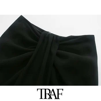 TRAF Kvinder Chic Mode Med Knude Plisserede Wrap Midi-Vintage Nederdel med Høj Talje, Lynlås i Ryggen Slids Kvindelige Nederdele Mujer