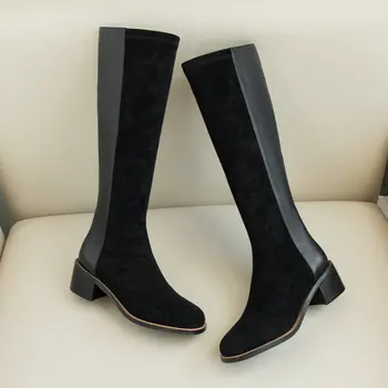 SKLFGXZY Nye stil knæet støvler i Ægte læder Kvinder støvler Europæisk stil koskind Kvindelige støvler Efterår og vinter sko