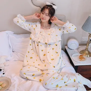 2020 Nye Vinter Pyjamas Kvinder Flannel Varme Pyjamas koreanske Blonder Afdækning Prinsesse Stil Varm Home Service todelt Dragt