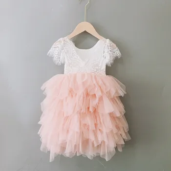 2020 Sommer Piger Bløde Blonder Kjole til Børn Flyve Ærme Toddler Baby Kage Kjole 1-10Y Fødselsdag Dress Blush Prom Prinsesse Kjole