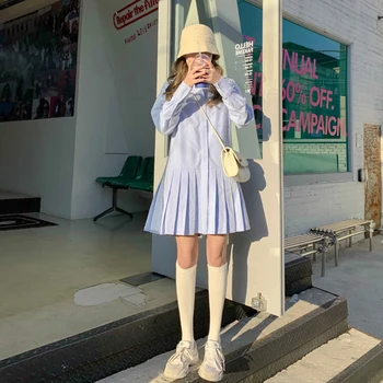 Koreanere Preppy Stil Plisserede Shirt kjole 2020 Foråret Efteråret langærmet Blå Mini Kjole Kvinder Casual Løs Kjoler Vestidos