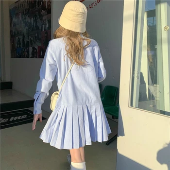 Koreanere Preppy Stil Plisserede Shirt kjole 2020 Foråret Efteråret langærmet Blå Mini Kjole Kvinder Casual Løs Kjoler Vestidos