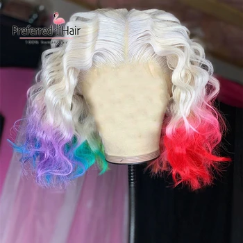 Foretrukne Rainbow kort bob Wig Lilla Ombre Gennemsigtige Blonder Parykker Til Kvinder Remy Brasilianske Dyb bølge Menneskelige Hår Blonder Foran Parykker