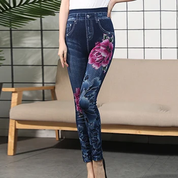 Sfit Kvinders Termisk Leggings Kvinder Faux Denim Jeans Damer Problemfri Blomster Print Sexet Fuld Bukser Plus Size Streetwear Jean