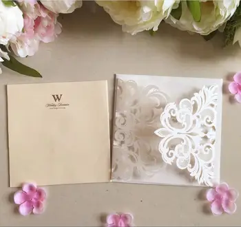 Laserskåret lace bryllup invitationer kort med champagne indsæt ,fødselsdag engagement blomst invitationskort part Kits 100sets