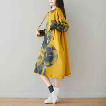 NINI EVENTYRLAND Efteråret Print Bomuld Denim Hooded Dress 2020 Kvinder Revet Kant Løs Vintage Kjoler Kvindelige Casual Dress Stor Størrelse