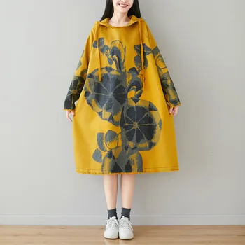 NINI EVENTYRLAND Efteråret Print Bomuld Denim Hooded Dress 2020 Kvinder Revet Kant Løs Vintage Kjoler Kvindelige Casual Dress Stor Størrelse
