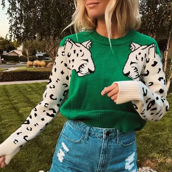Leopard Sweater Kvinder Strikket Pullover Fashion Damer dyreprint Patchwork O-hals langærmet Bluse Trøjer Træk Femme